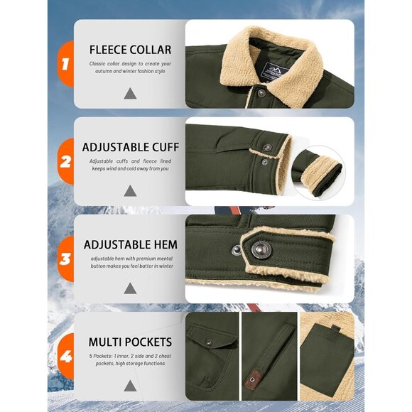 Mens Green AI Winter Sherpa Lined Jacket Warm Trucker Coat Multi Pocket - Picture 6 of 7